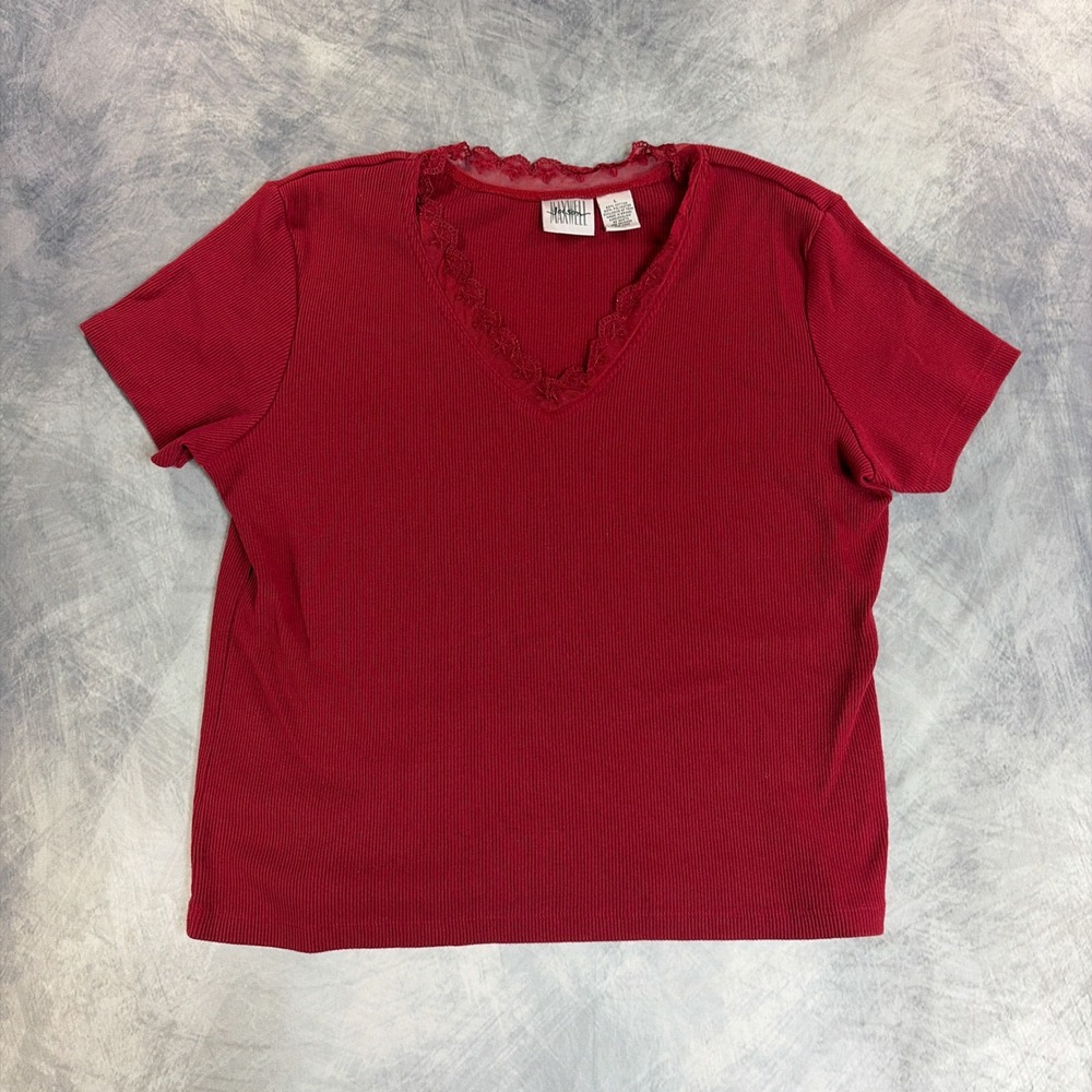Vintage Maxwell Jackson Top Womens Large Red Ribbed Lace Trim V-Neck Tee